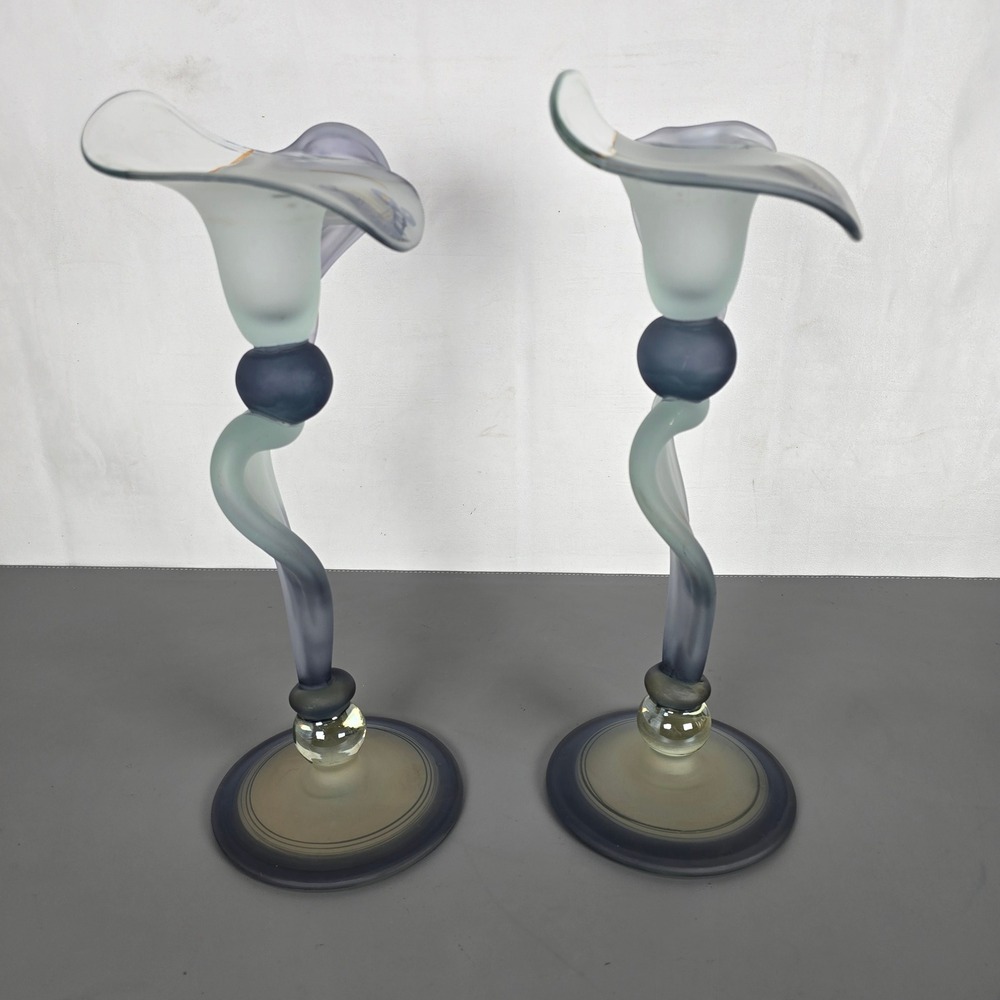 Ion Tamaian Signed Studio Art Glass Candle Holders Pair Frosted Blue Gold Gilt - Picture 12 of 16